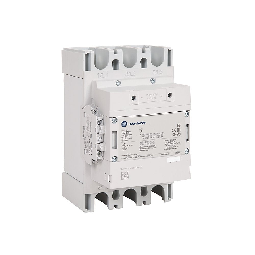 The Rockwell Automation IEC 265 A Contactor 250-500V 50-60 Hz/250-500V DC has 3 NO Poles,1 NO 1 NC Auxiliary Contacts, With 24V DC PLC Interface, Bus Bar Connections. PLC Interface
