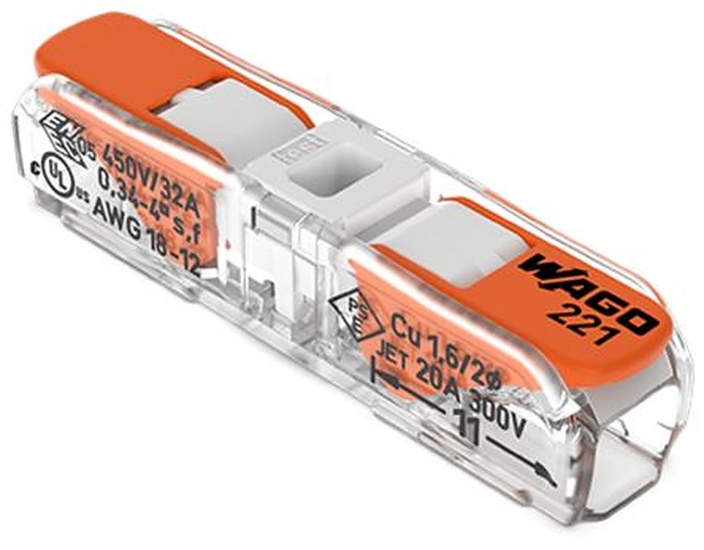 WAGO, 221 Wire Splice Splice Connector, Clear, Insulated 12 AWG