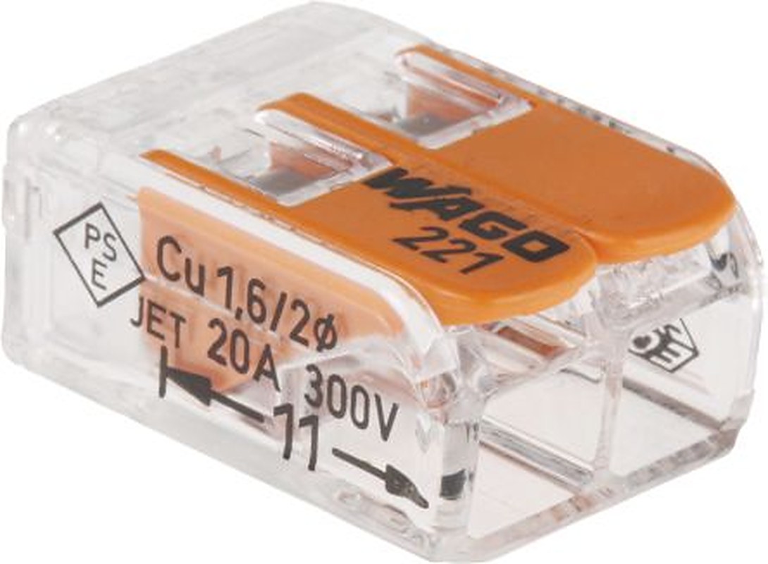 WAGO 221 Series Lever Connector, 2-Way, 12AWG, 24 AWG Wire, 32A Cage Clamp