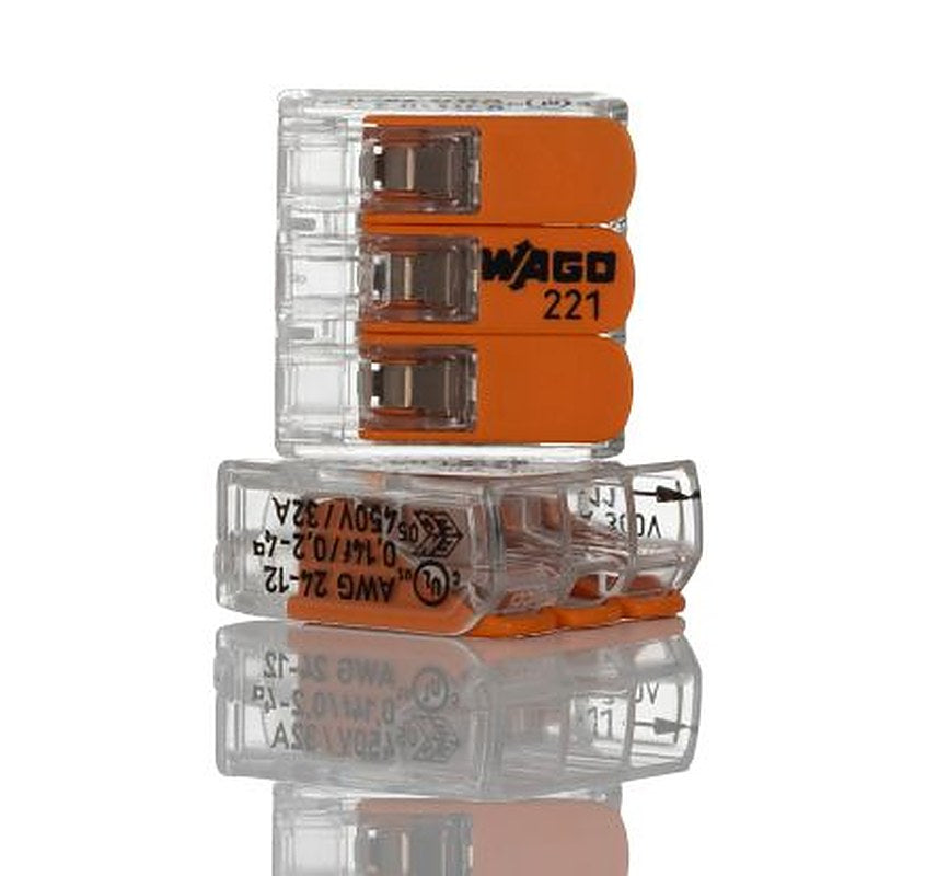 WAGO 221 Series Lever Connector, 3-Way, 12AWG, 24 AWG Wire, 32A Spring Cage