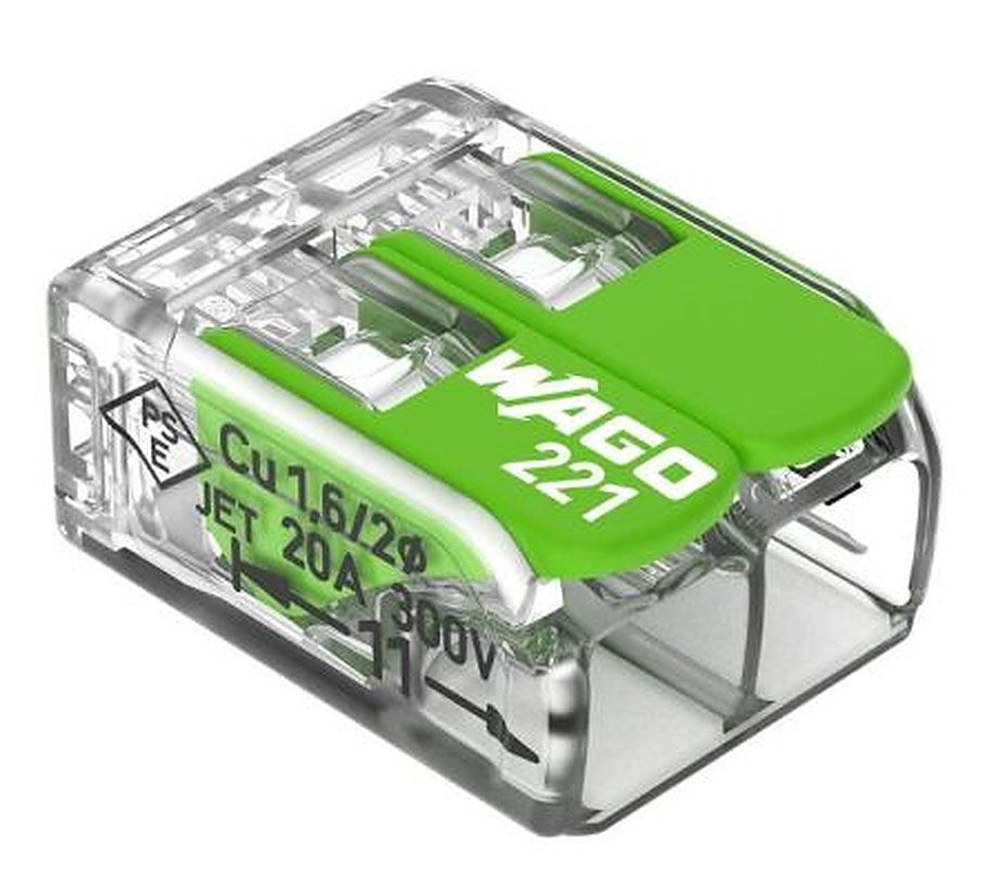 WAGO 221 Series Lever Connector, 2-Way, 32A Cage Clamp