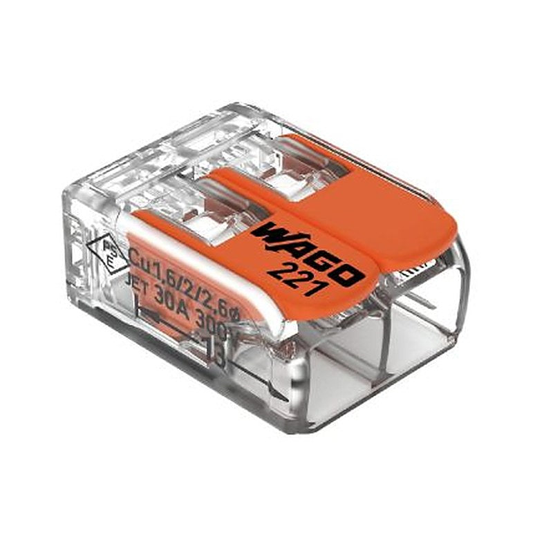 WAGO 221 Series Lever Connector, 2-Way, 10AWG, 20 AWG Wire, 41A Cage Clamp
