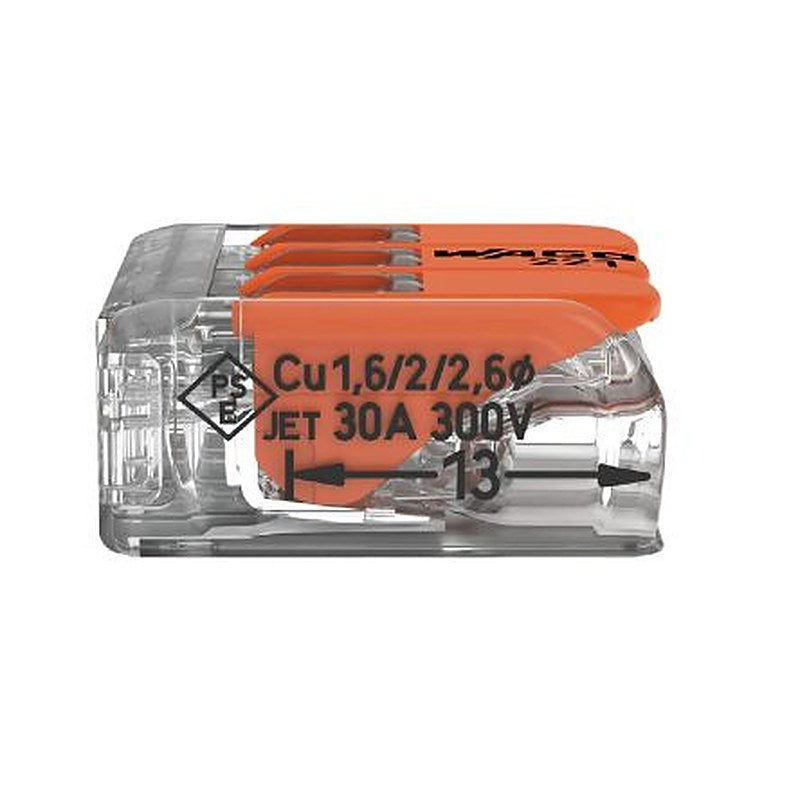 WAGO 221 Series Lever Connector, 3-Way, 10AWG, 20 AWG Wire, 41A Cage Clamp