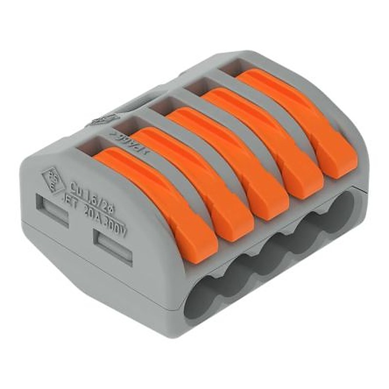 WAGO 222 Series Lever Connector, 5-Way, 12AWG, 28 AWG Wire, 32A Cage Clamp