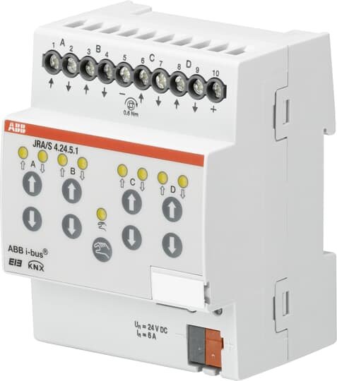 The ABB JRA/S series blind/roller shutter with travel detection and manual operation 4-fold. It is used to automatically control independent 24 V DC drives, for positioning blinds, roller shutters, awnings and other shading products via ABB i-bus KNX. It is also used, for example, to control doors, windows and ventilation flaps. Mechanically interlocked LEDs on the front of the device indicates status of the output Bus connection terminal