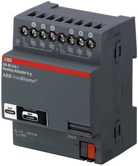 The ABB HA-M series heating actuator for controlling thermoelectric actuating drives in heating/cooling systems. The outputs are protected against short-circuit and overload. The bus can be connected via enclosed terminal block. Degree of protection IP20 DIN-rail mounting Bus connecting terminal