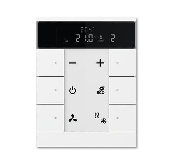 The ABB makes this freely configurable touch control, that comes with the support of KNX functions through innovative colour concept (yellow=lighting, blue=blind, orange=RTC, magenta=scene and white=neutral/no function assigned) or standard illumination r It is 6 gang design with labelling field The device is supposed to be flush mounted and offers IP20 protection Operating temperature range is from -5°C to 45°C