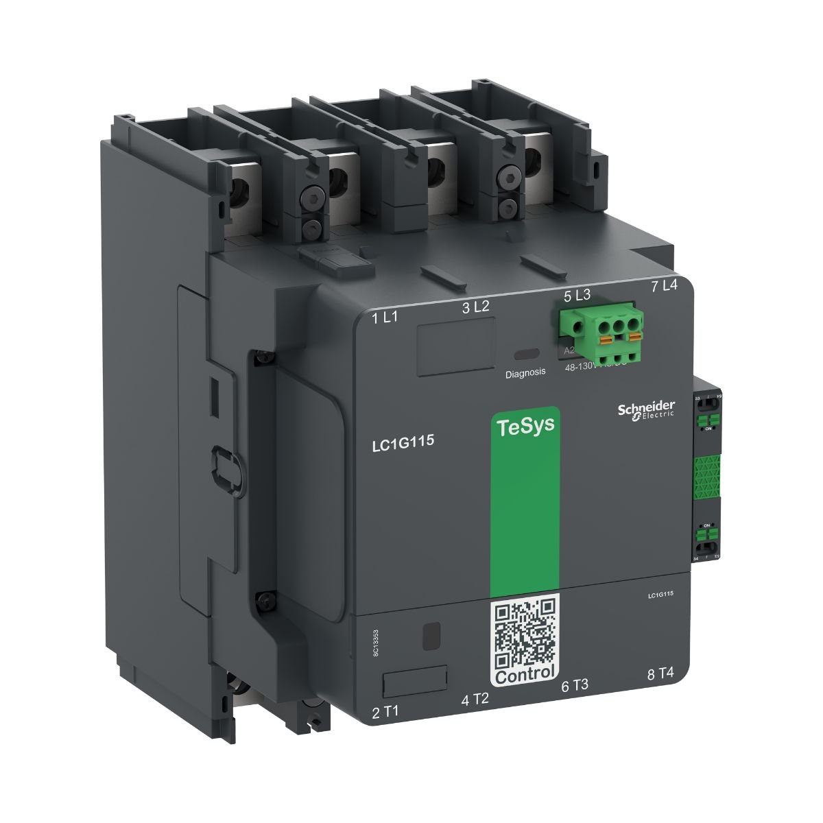 Schneider Electric LC1G1854EHEN TeSys Giga high power contactor, 4 poles (4 NO) for category AC-1 applications up to 305A @440V. It provides a 48-130V AC/DC wide band low consumption electronic coil and embedded highly reliability 1NO+1NC auxiliary contact block (17V 1mA). Designed for demanding applications with maximum operating rates up to 600 cycles per hour and environments until 60°C. It procures high reliability and durability with 5 Mcycles mechanical durability. Local Contact Wear Diagnosis (CWD)