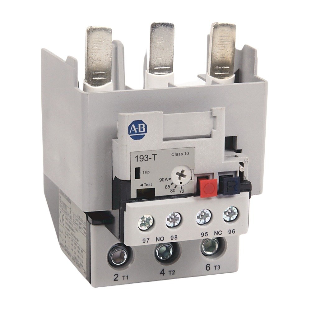 The Allen Bradley Bimetallic Overload Relay is designed for reliable motor protection, with a trip rating of ultimate tripping current set at 120% of the Full Load Amperage. It offers phase loss sensitivity, with a trip rating at phase loss of 115% FLA. The relay features an automatic or manual reset mode, providing flexibility in operation. For maintenance or testing, it includes a manual release of auxiliary contacts. Trip indication is clearly visible through a flag, ensuring easy identification of overl