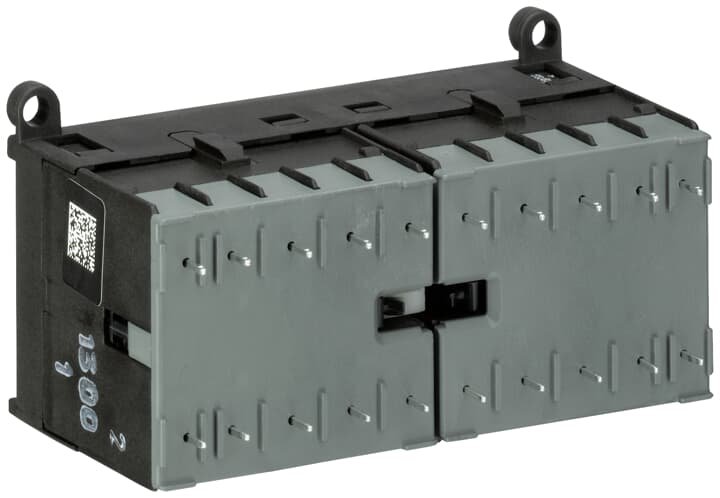 The ABB VB6A-30-01-P mini reversing contactor is a compact 3 pole contactor with 1 auxiliary contact, soldering pins and mechanical interlock and safety blocking. Its ideally suited for applications where reliability is a must and space is at a premium. Mini reversing contactors are used in residential buildings, commercial buildings and industrial applications for the control of three-phase motor loads up to 4 kW (AC-3). Integrated possibility for rail or wall mounting Degree of protection IP20 Ambient air