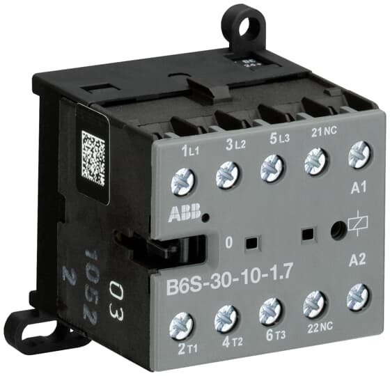 The ABB B6S-30-10 mini contactor is a compact 3 pole contactor with 1 auxiliary contact and screw terminals. Its ideally suited for applications where reliability is a must and space is at a premium. Mini contactors are used in residential buildings, commercial buildings and industrial applications for the control of single or three-phase loads up to 4 kW (AC-3) and 20 A / 690 V (AC-1) or switching of control signals. Degree of protection IP20 Ambient air temperature for operation is -20 to +55 °C Screw ter