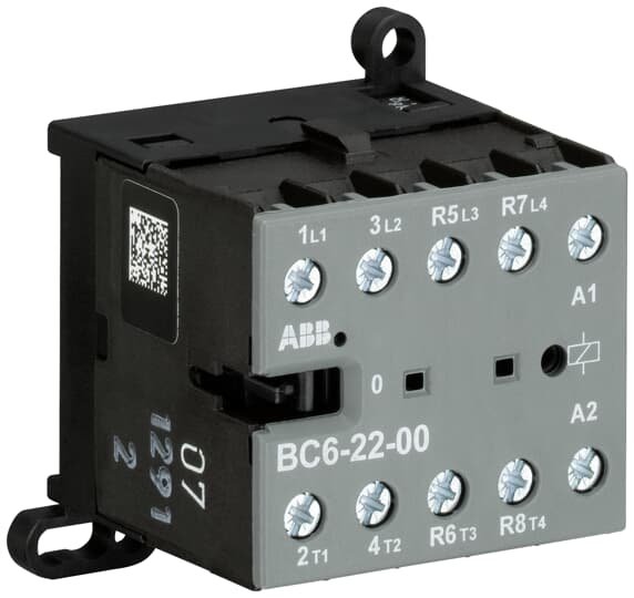 The ABB BC6-22-00 mini contactor is a compact 4 pole contactor with screw terminals. Its ideally suited for applications where reliability is a must and space is at a premium. Mini contactors are used in residential buildings, commercial buildings and industrial applications for the control of single or three-phase loads up to 4 kW (AC-3) and 20 A / 690 V (AC-1) or switching of control signals. Integrated possibility for rail or wall mounting Degree of protection IP20 Ambient air temperature for operation i