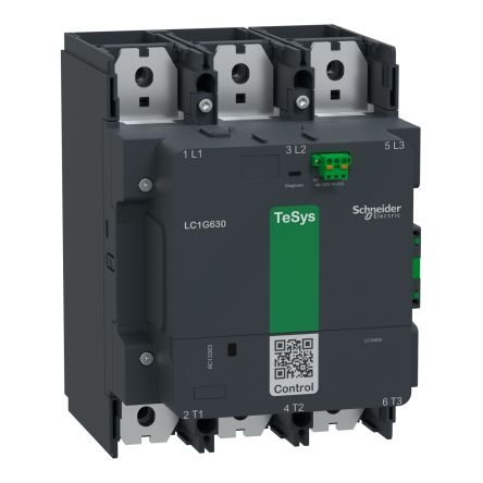 Schneider Electric LC1G630EHEN TeSys Giga high power contactor, 3 poles (3 NO) for category AC-3 applications up to 630A 400kW@440V. It provides a 48-130V AC/DC wide band low consumption electronic coil and embedded highly reliability 1NO+1NC auxiliary contact block (17V 1mA). Designed for demanding applications with maximum operating rates up to 600 cycles per hour and environments until 60°C. It procures high reliability and durability with 5 Mcycles mechanical durability. Local Contact Wear Diagnosis (C