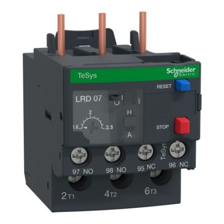 Schneider Electric LRD07L6 TeSys LRD thermal overload relay, 2.5A/690V, thermal setting range 1.6-2.5A, tripping class 20, for protection of 3-phase motors 0.75kW@400V. Differential device with phase failure and load unbalance detection. It provides a thermal adjustement dial, a manual-automatic reset selector, a test selector for simulation of a tripping, reset and stop buttons, a flag indicator and 2 auxiliary contacts 1NO+1NC for fault signalling. Settings are protected by a transparent cover lockable by