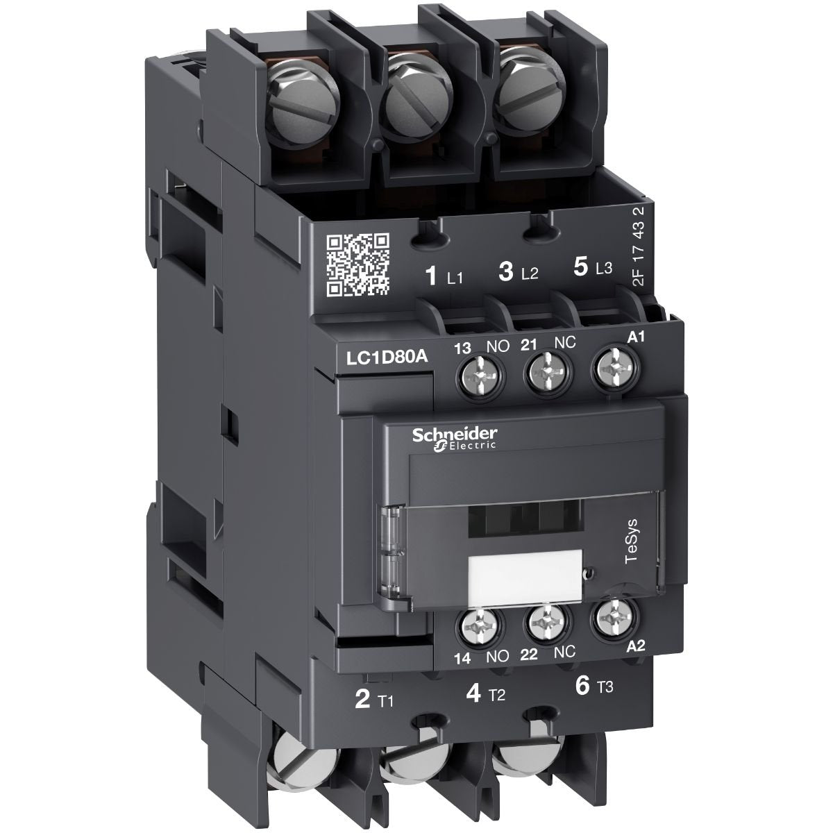 Schneider Electric LC1D80A6P7 TeSys Deca contactor, 3 poles (3NO), for motor control applications up to 66A/440V AC-3 (37kW@400V). They can be used to create motor starters for almost any type of application. It provides a 230V 50/60Hz AC coil, 1NO+1NC built-in auxiliary contacts (NC mirror certified), power connection by EverLink BTR screw connectors, control connection by screw clamp terminals. For operating rates until 3600 cycles/hour and environments until 60°C, it procures high reliability and durabi
