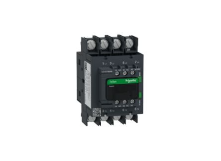Schneider Electric LC1DT80A6BNE TeSys Deca contactor, 4 poles (4NO), for non-inductive load applications up to 80A/690V AC-1. They can be used to create motor starters for almost any type of application. It provides a low consumption 24-60V AC/DC coil with electronic control, 1NO+1NC built-in auxiliary contacts (NC mirror certified), connection by ring-lugs screw terminals. For operating rates until 3600 cycles/hour and environments until 60°C, it procures high reliability and durability. Compact (70mm wid