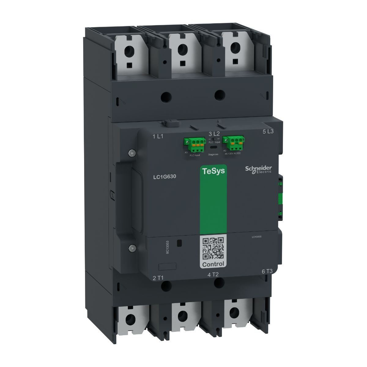 Schneider Electric LC1G800EHEA TeSys Giga high power contactor, 3 poles (3 NO) for category AC-3 applications up to 800A 415kW@440V. It provides a 48-130V AC/DC wide band low consumption electronic coil, PLC output control and embedded highly reliability 1NO+1NC auxiliary contact block (17V 1mA). Designed for demanding applications with maximum operating rates up to 600 cycles per hour and environments until 60°C. It procures high reliability and durability with 5 Mcycles mechanical durability. Local and R