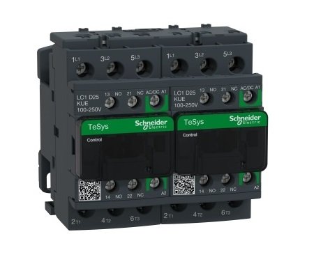 Schneider Electric LC2D25KUE TeSys Deca reversing contactor, 3 poles (3NO), for motor control applications up to 25A/690V AC-3 (11kW@400V). Rated 25A AC-3 11kW@400V, it includes a 100-250V AC/DC low consumption electronic coil, 2NO+2NC aux contacts, a mechanical interlock. It provides low consumption 100-250V AC/DC coils with electronic control, 2NO+2NC built-in auxiliary contacts (NC mirror contacts), connection by screw clamp terminals. For operating rates until 3600 cycles/hour and environments until 60Â