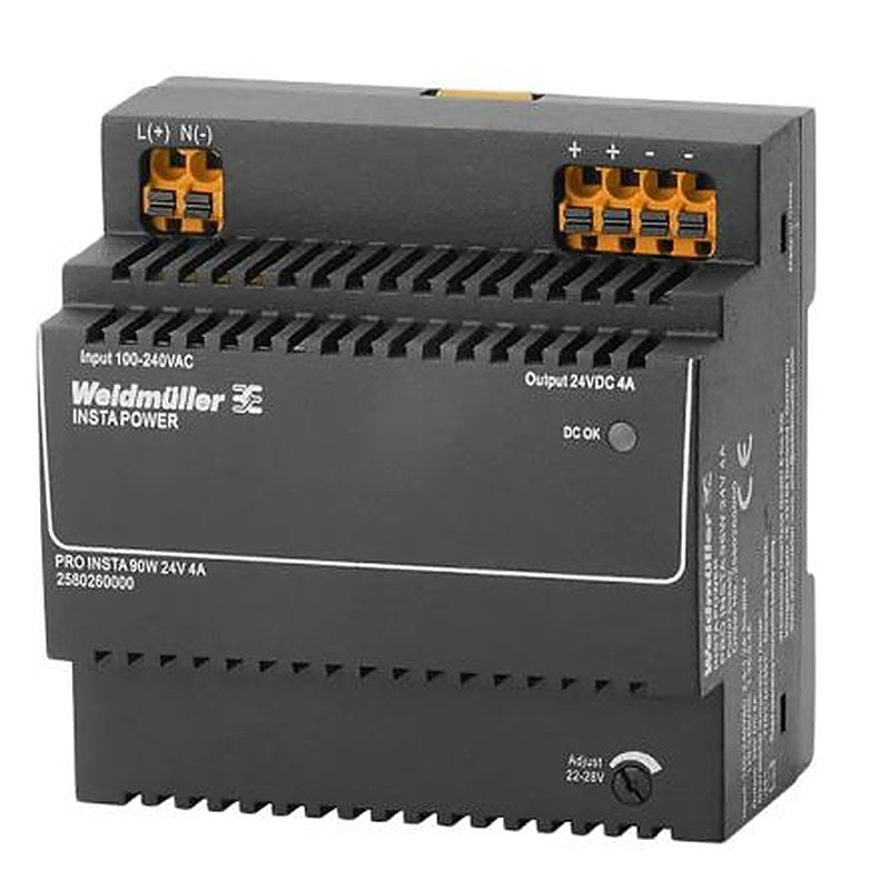 Weidmüller PRO INSTA Switched Mode DIN Rail Power Supply 370 V dc, 264V ac AC/DC Input 24V dc, 4 A Output DC 96 W