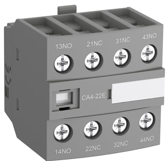 The ABB auxiliary contact blocks are used for the operation of auxiliary circuits and control circuits for standard industrial environments. Types of auxiliary contact blocks for front mounting are CA4 1 or 4-pole block with instantaneous N.O., N.C. contacts CC4 1-pole block with N.O. leading contact or N.C. lagging contact, CAT4 2-pole block with instantaneous N.O. + N.C. contacts and A1 / A2 coil terminal connection on front face. Product net weight is 0.055 kg Rated frequency (f) is auxiliary circuit 50