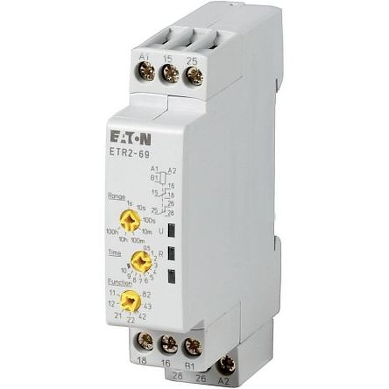 Eaton 262689 ETR2 Series DIN Rail Timer Relay, 1-Contact, 240 V ac 240V ac, 0.05 to 360000 s