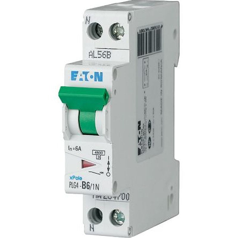 Eaton Plexo PLG4 Miniature Circuit Breaker, 1-Pole, 6A, Type B, 230V ac AC, 4.5 kA Breaking Capacity