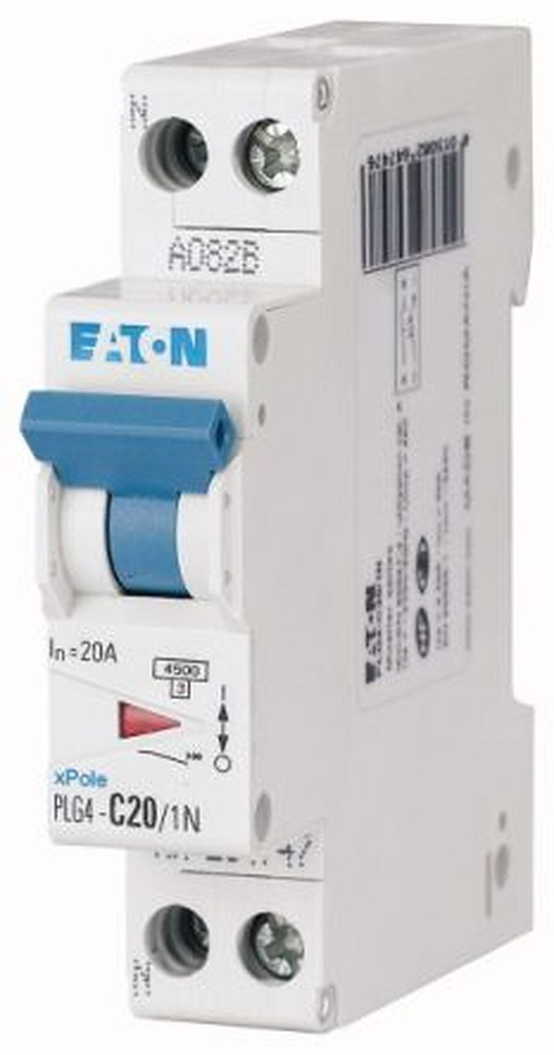 Eaton Plexo PLG4 Miniature Circuit Breaker, 1-Pole, 20A, Type B, 230V ac AC, 4.5 kA Breaking Capacity