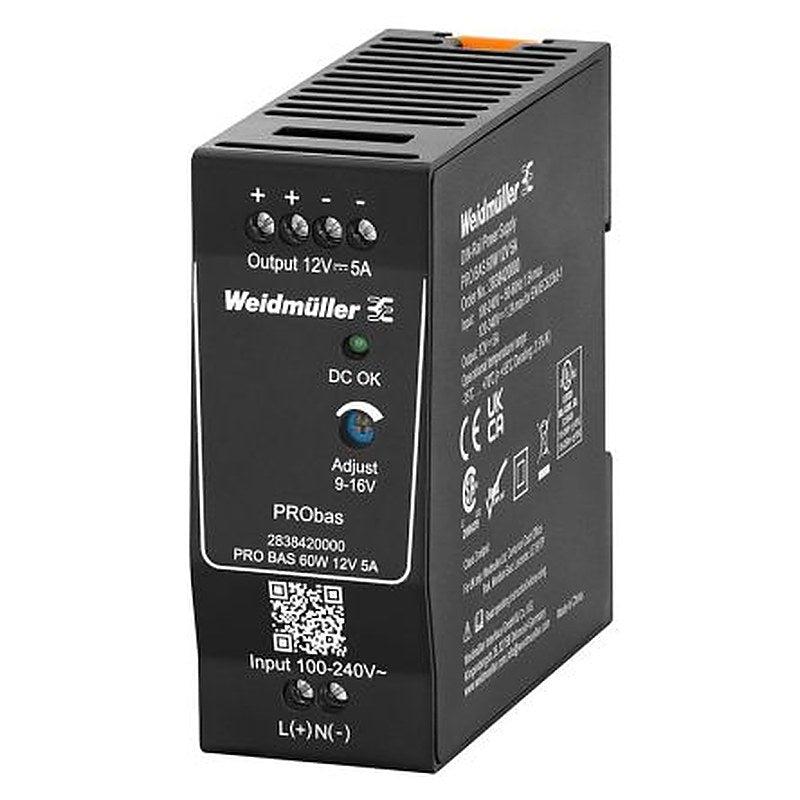 Weidmüller PRO BAS Power Supply DIN Rail Power Supply 264V ac AC/DC Input 12V dc, 5 A Output DC 60 W