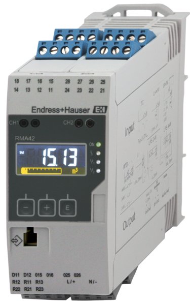 The Endress+Hauser process transmitter RMA42 displays analog measured values and is controlled by a microcontroller. With the integrated loop power supply, two-wire sensors can be powered. The universal inputs enable the connection of current, voltage, RTDs and TCs. The multicolor LCD display with 7-segment bar graph allows the unit to be displayed. One device to cover a multitude of functions and applications: loop power supply, barrier, integrated relays, calculations and indication of measured values Per