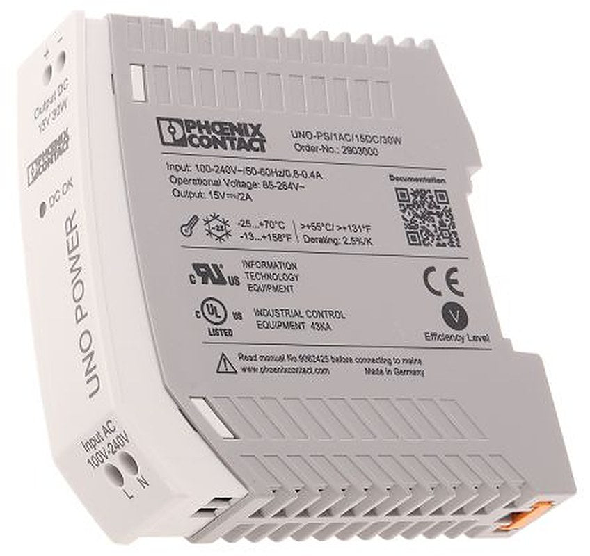 Phoenix Contact UNO POWER Switched Mode DIN Rail Power Supply 264V ac AC Input 15V dc, 2 A Output DC 30 W