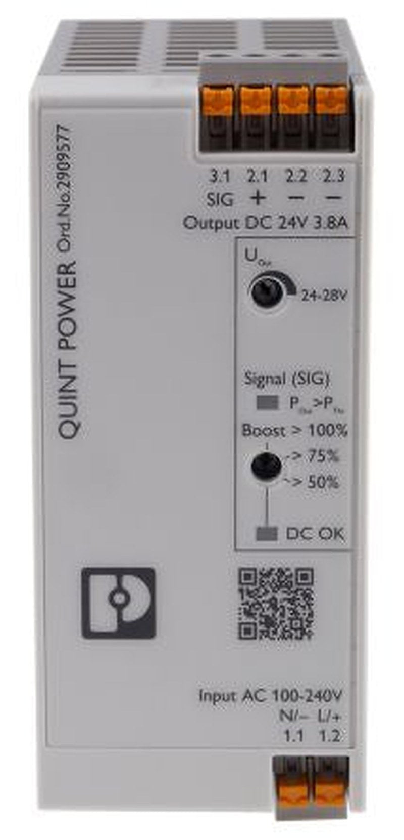Phoenix Contact QUINT POWER Switched Mode DIN Rail Power Supply 250 V dc, 240V ac AC/DC Input 28V dc, 3.8 A Output DC 90