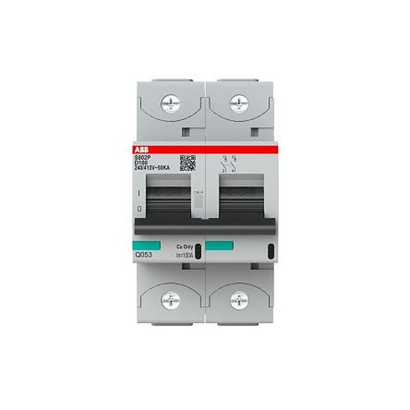 ABB High Performance S800N Miniature Circuit Breaker, 2-Pole, 100A, Type D, 690V ac AC, 250 V dc DC, 36 kA Breaking