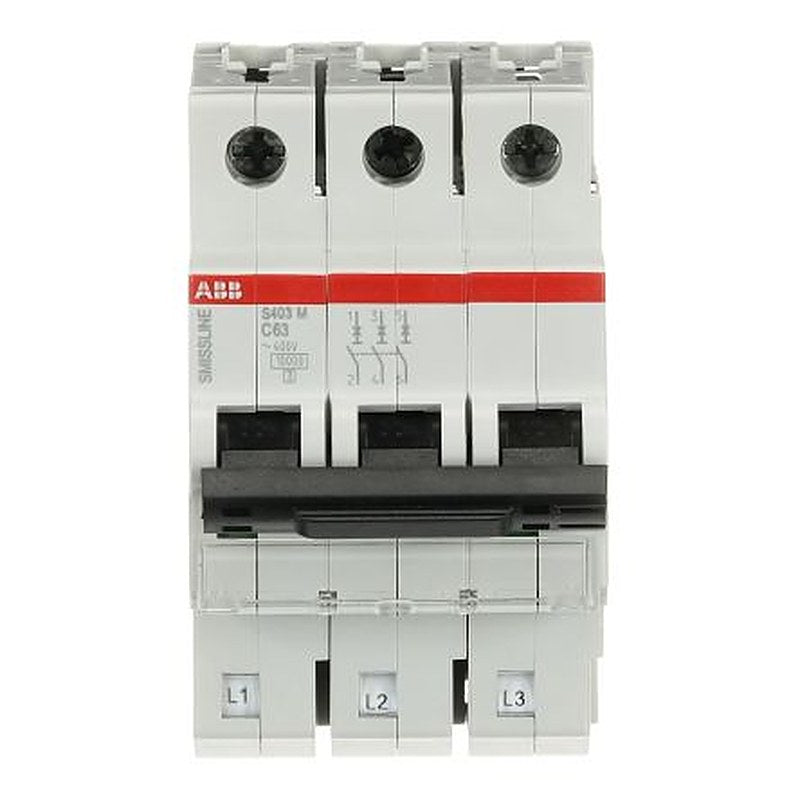 ABB S400 S400M Miniature Circuit Breaker, 3-Pole, 63A, Type B, Type C, Type D, Type K, 400V ac AC, 250 V dc DC, 10 kA