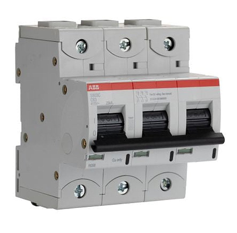 ABB High Performance S800C Miniature Circuit Breaker, 3-Pole, 63A, Type C, 415V ac AC, 375 V dc DC, 25 kA Breaking