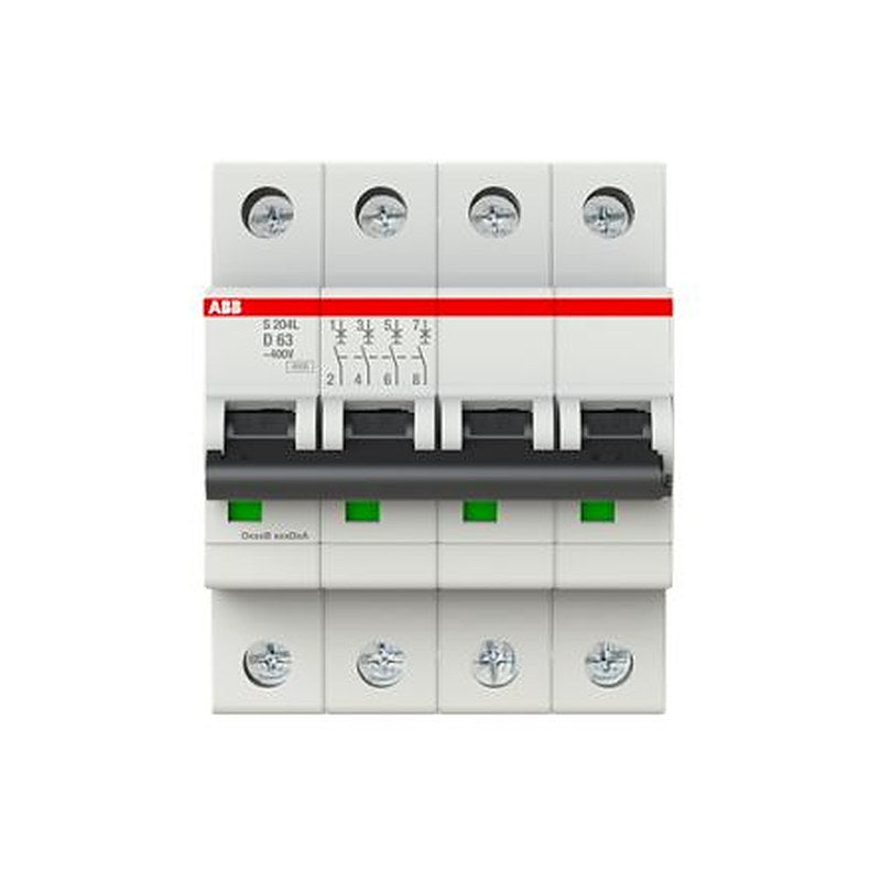 ABB S204L Miniature Circuit Breaker, 4-Pole, 63A, Type D, 400V ac AC, 6 kA Breaking Capacity