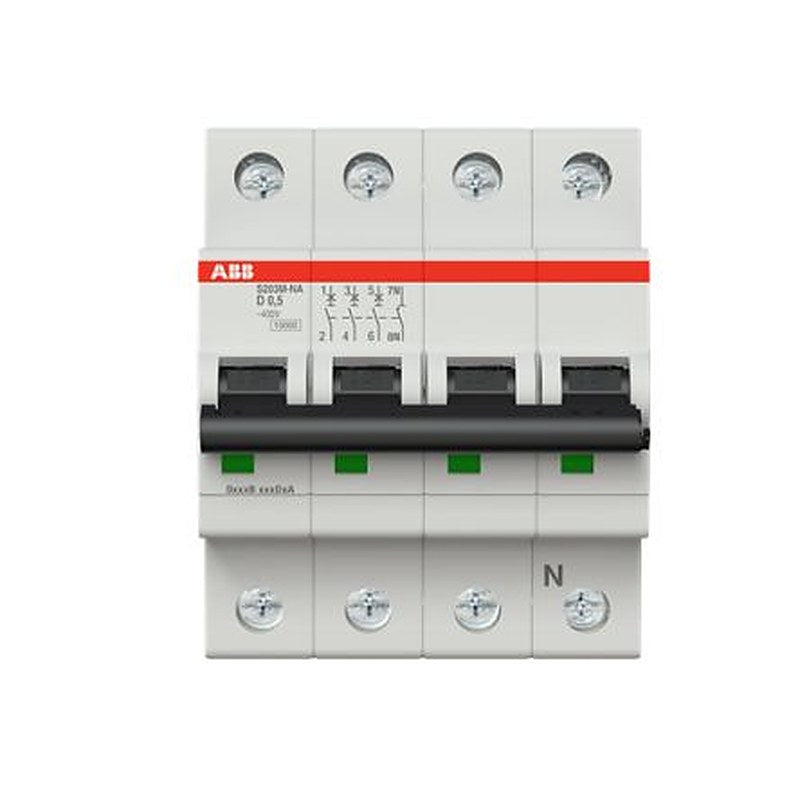 ABB System Pro M Compact S200M Miniature Circuit Breaker, 3-Pole, 0.5A, Type D, 400V ac AC, 125 V dc DC, 15 kA Breaking