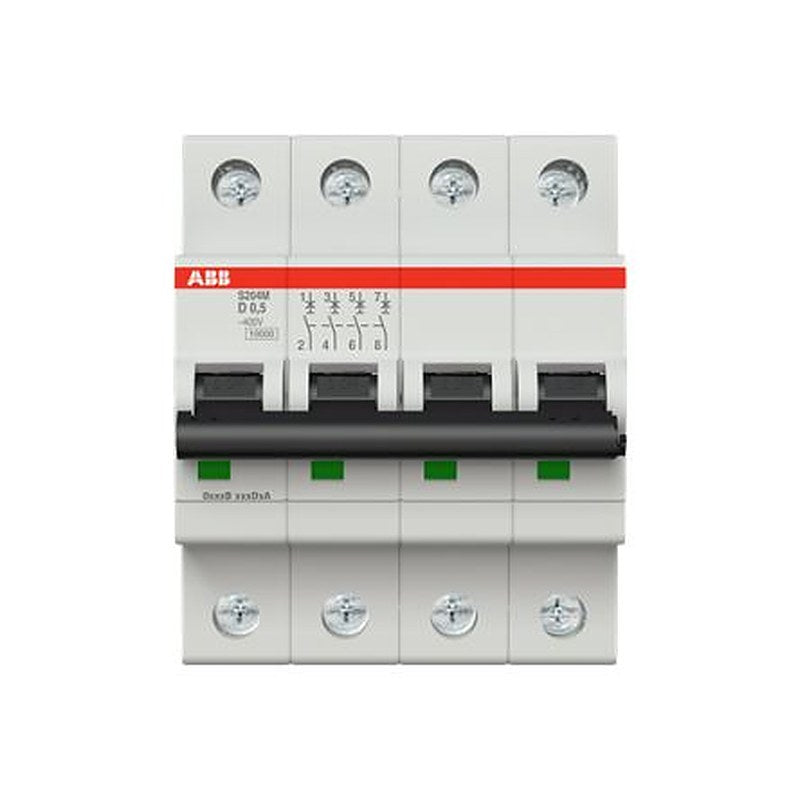 ABB System Pro M Compact S200M Miniature Circuit Breaker, 4-Pole, 0.5A, Type D, 400V ac AC, 125 V dc DC, 15 kA Breaking