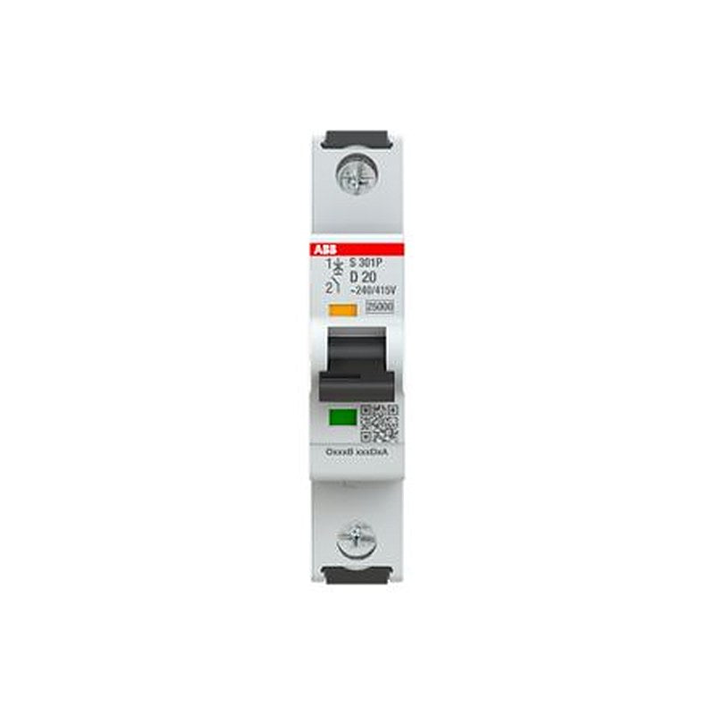 ABB System Pro M Compact S301 Miniature Circuit Breaker, 1-Pole, 20A, Type D, 415V ac AC, 125 V dc DC, 25 kA Breaking