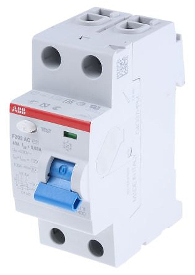 ABB F200 Series Residual Current Circuit Breaker, 40A, 2-Pole, 30 mA, Type AC, 0.03 A 400V ac