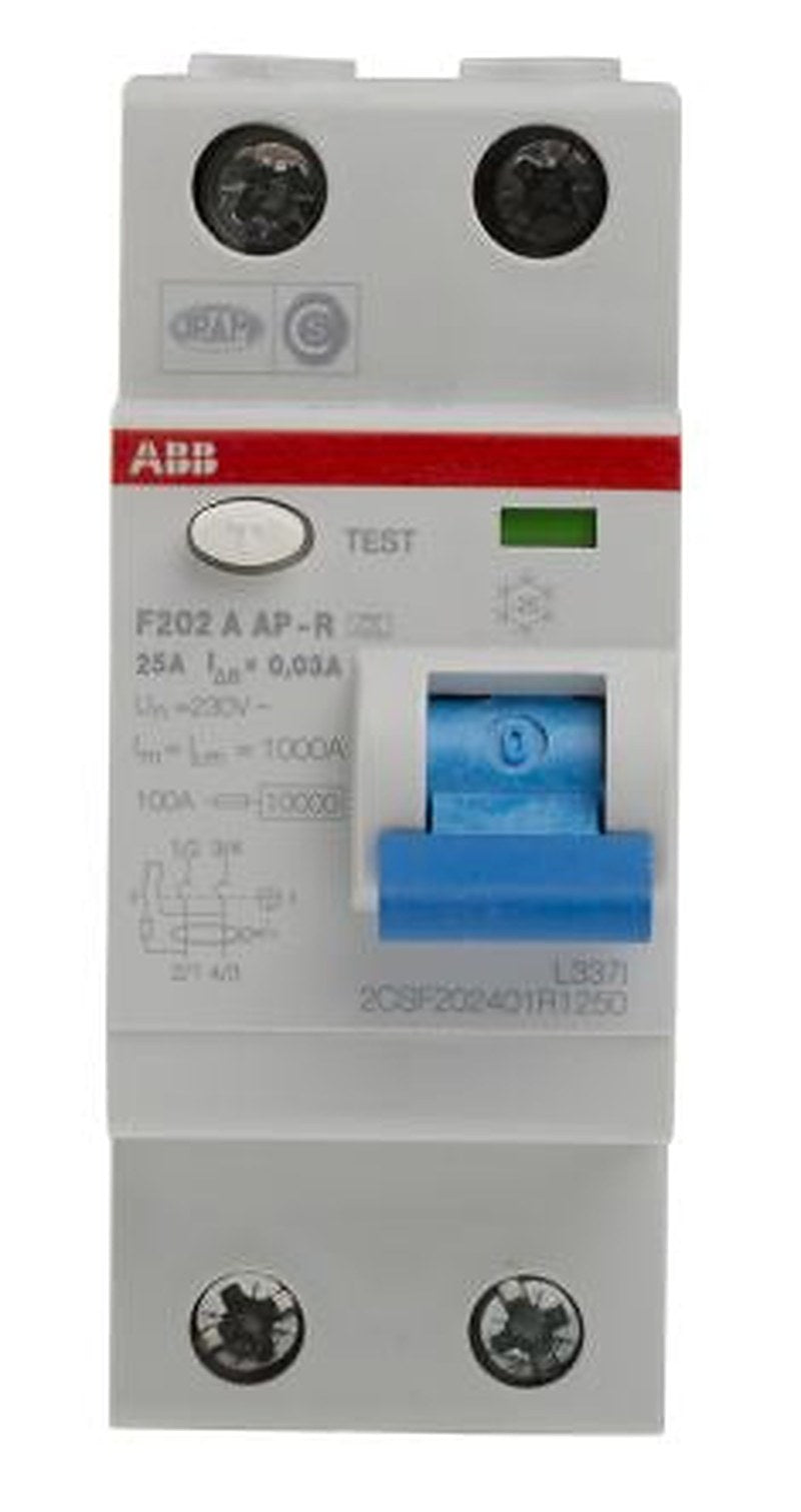ABB F200 Series Residual Current Circuit Breaker, 25A, 2-Pole, 30 mA, Type A, 1 kA 277V ac