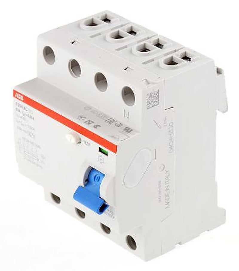 ABB F200 Series Residual Current Circuit Breaker, 63A, 4-Pole, 30 mA, Type AC, 0.03 A 400V ac