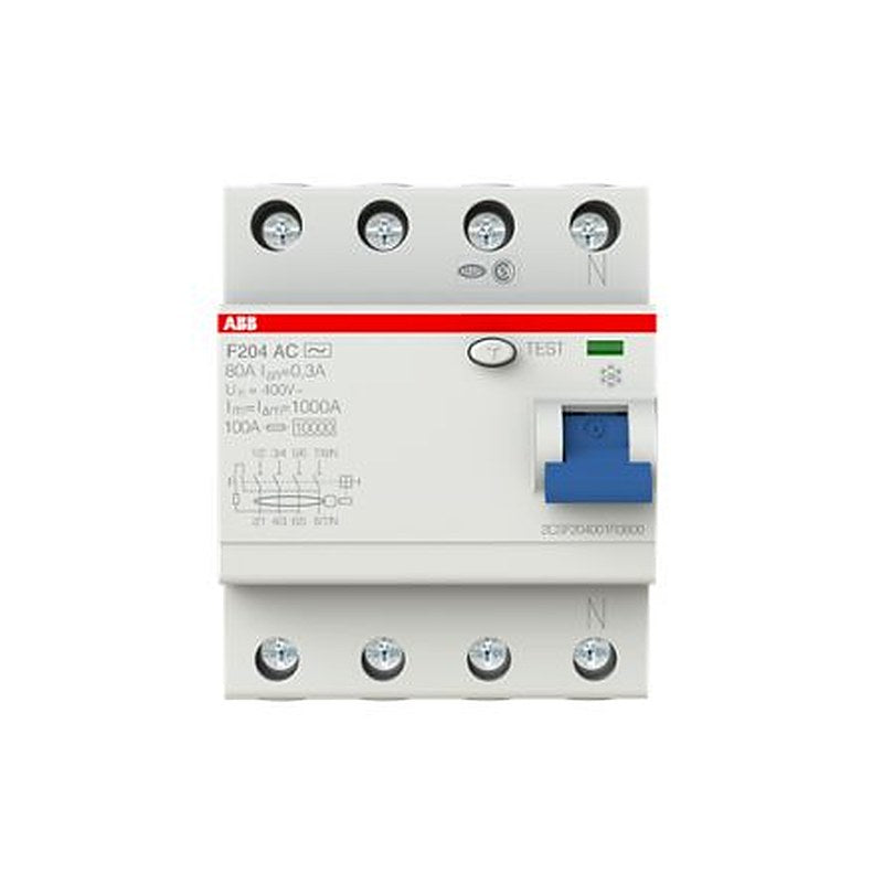 ABB F200 Series Residual Current Circuit Breaker, 80A, 4-Pole, 300 mA, Type AC, 0.3 A 230V ac