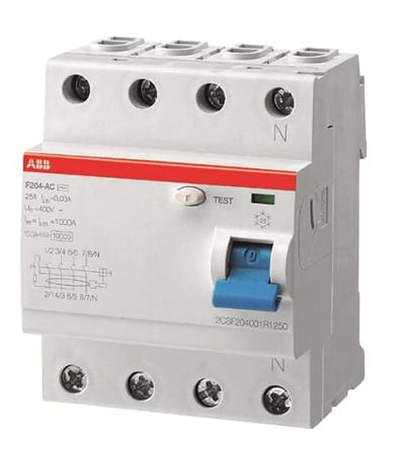 ABB F200 Series Residual Current Circuit Breaker, 40A, 4-Pole, 100 mA, Type A, 0.1 A 400V ac