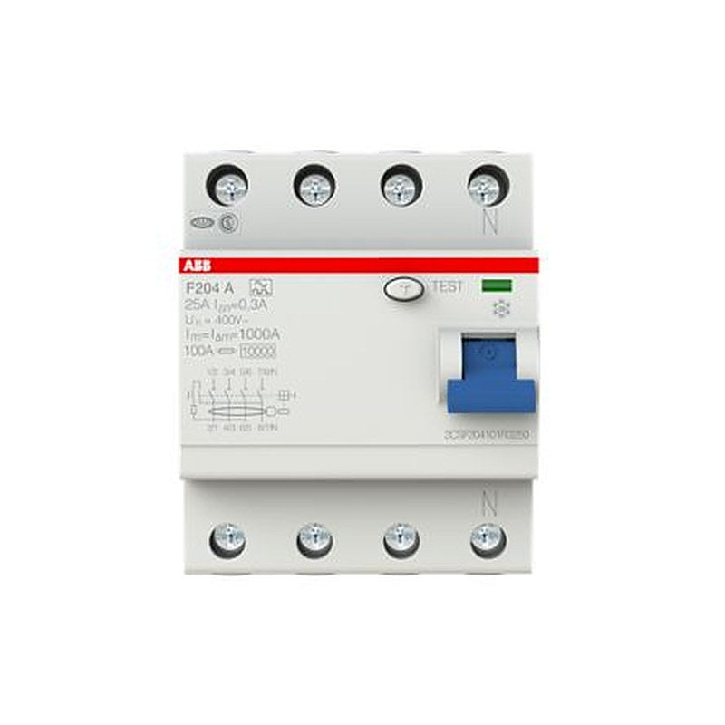 ABB F200 Series Residual Current Circuit Breaker, 25A, 4-Pole, 300 mA, Type A, 0.3 A 400V ac