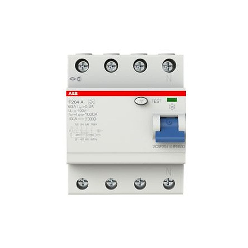 ABB F200 Series Residual Current Circuit Breaker, 63A, 4-Pole, 300 mA, Type A, 0.3 A 400V ac