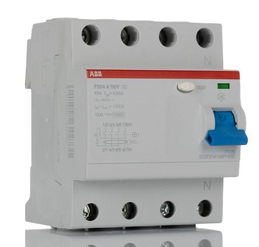 ABB F200 Series Residual Current Circuit Breaker, 63A, 4-Pole, 30 mA, Type A, 1 kA 480V ac
