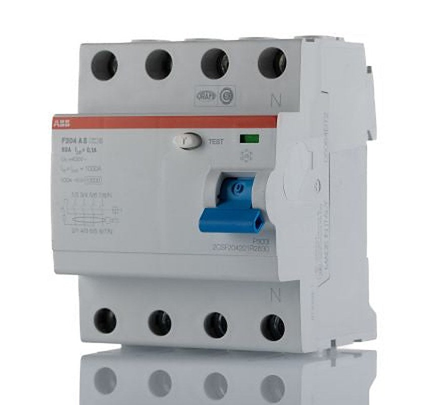 ABB F200 Series Residual Current Circuit Breaker, 63A, 4-Pole, 100 mA, Type A, 1 kA 277V ac