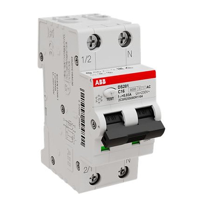 ABB Residual Current Circuit Breaker with Overload Protection, 16A Current Rating, 2-Pole, 30 mA Trip Sensitivity, Type