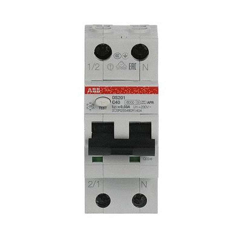 ABB DS201 Series Residual Current Circuit Breaker, 40A, 2-Pole, 30 mA, Type C, 10 kA, 500 V dc 230V ac