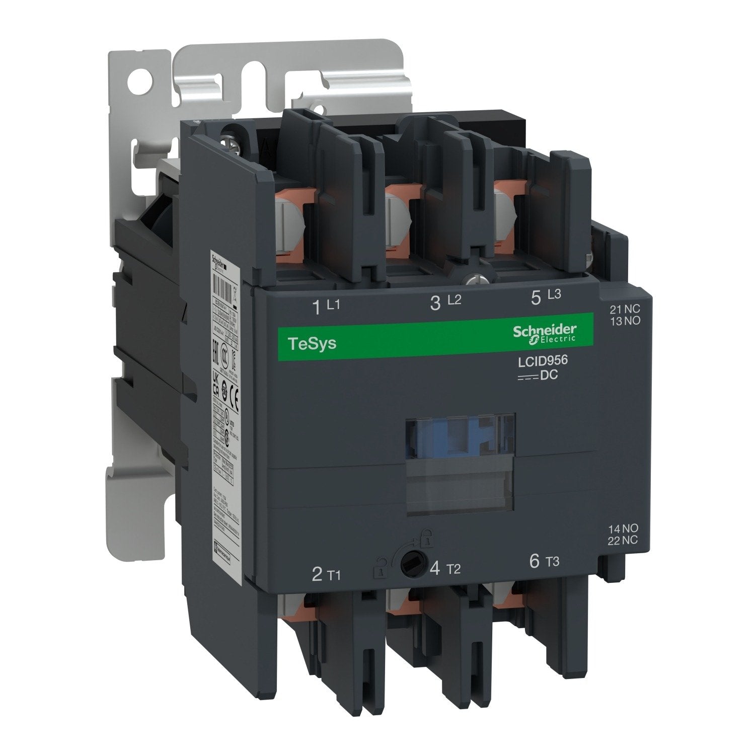 The Schneider Electric TeSys Deca contactor designed for industrial motor control applications. It features three normally open (3 NO) poles, supports AC-3 and AC-3e utilization categories, and operates at less than or equal to 440V with a 95A rating. The contactor is equipped with a 110V AC coil (50/60 Hz), ensuring reliable performance in various electrical setups. IP20 protection PVC free RoHS and REACH compliant